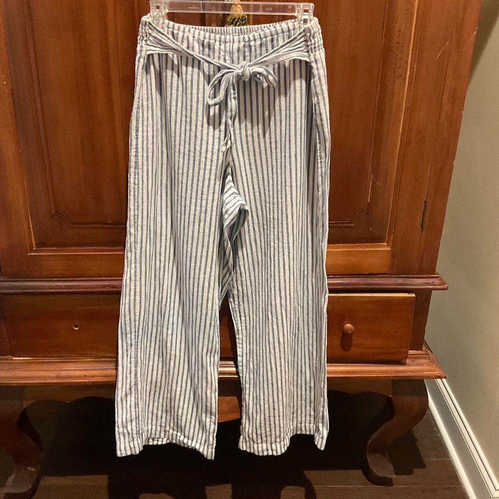 Beachlungelounge Women’s Wide Leg Linen Cotton Pant, Color Blue/ White,  Size M
